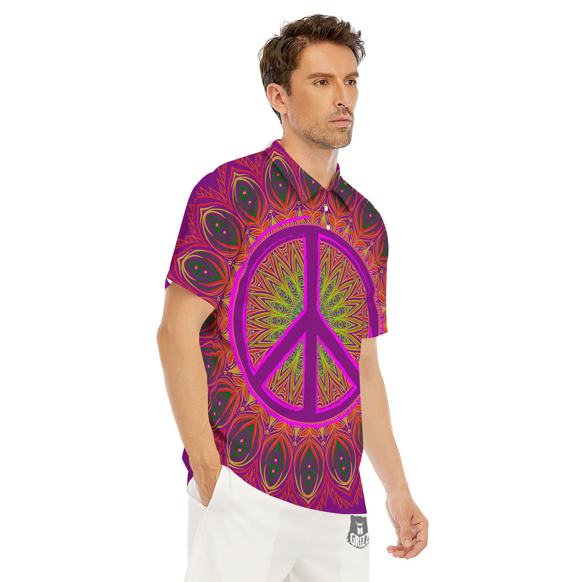 Peace Sign Psychedelic Hippie Print Men's Golf Shirts-grizzshop