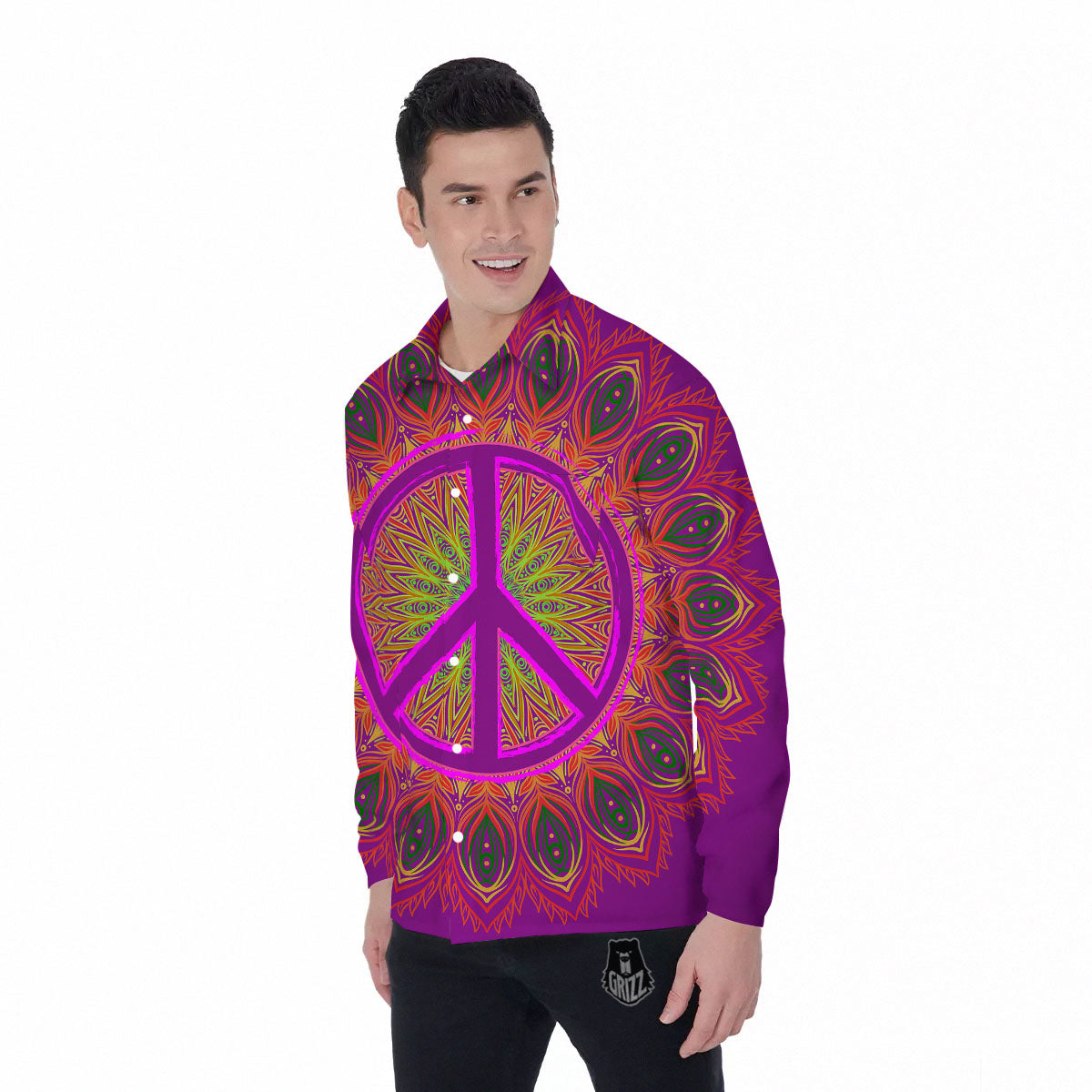 Peace Sign Psychedelic Hippie Print Men's Long Sleeve Shirts-grizzshop