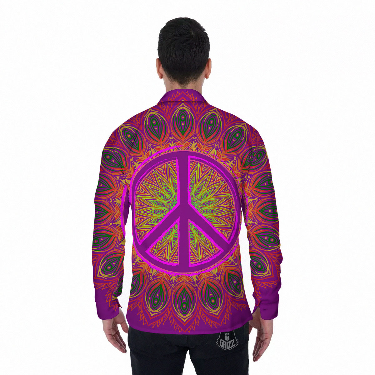 Peace Sign Psychedelic Hippie Print Men's Long Sleeve Shirts-grizzshop