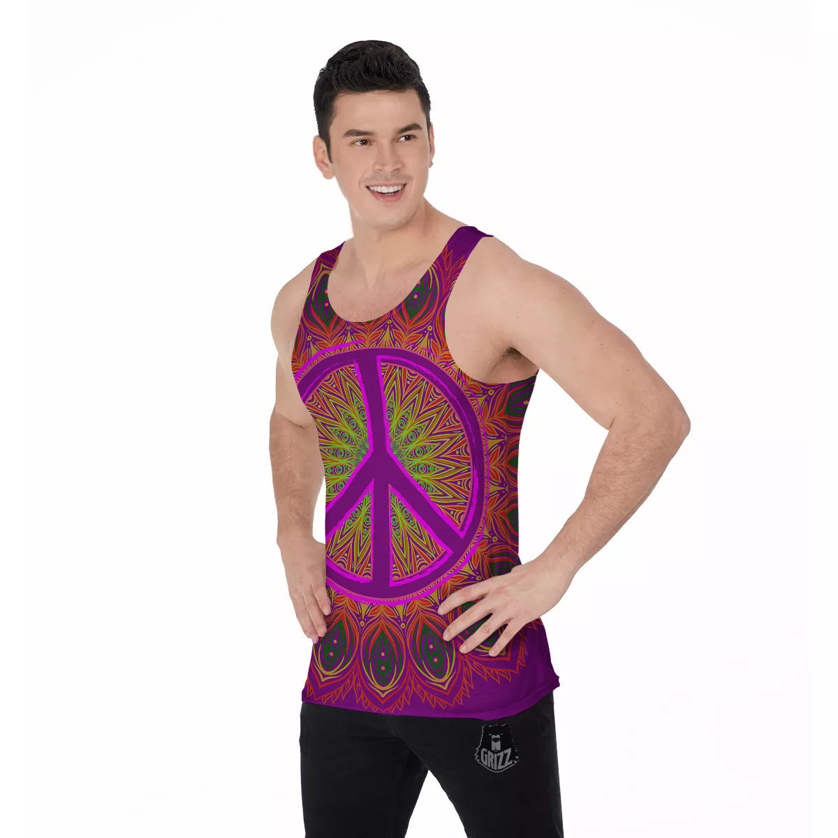 Peace Sign Psychedelic Hippie Print Men's Tank Top-grizzshop