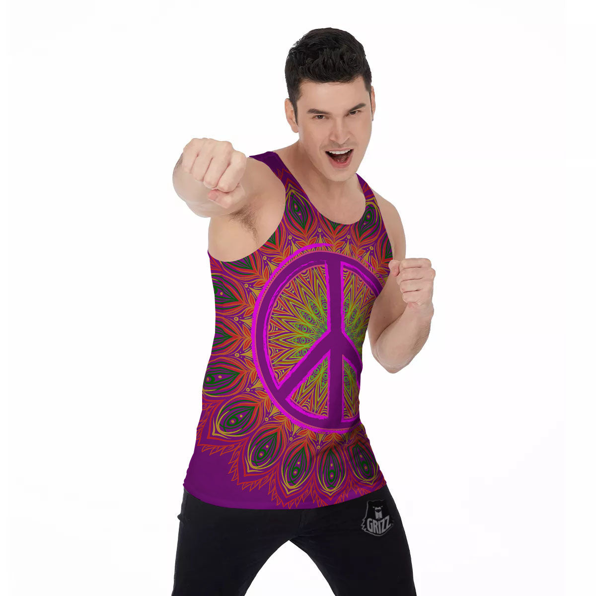 Peace Sign Psychedelic Hippie Print Men's Tank Top-grizzshop