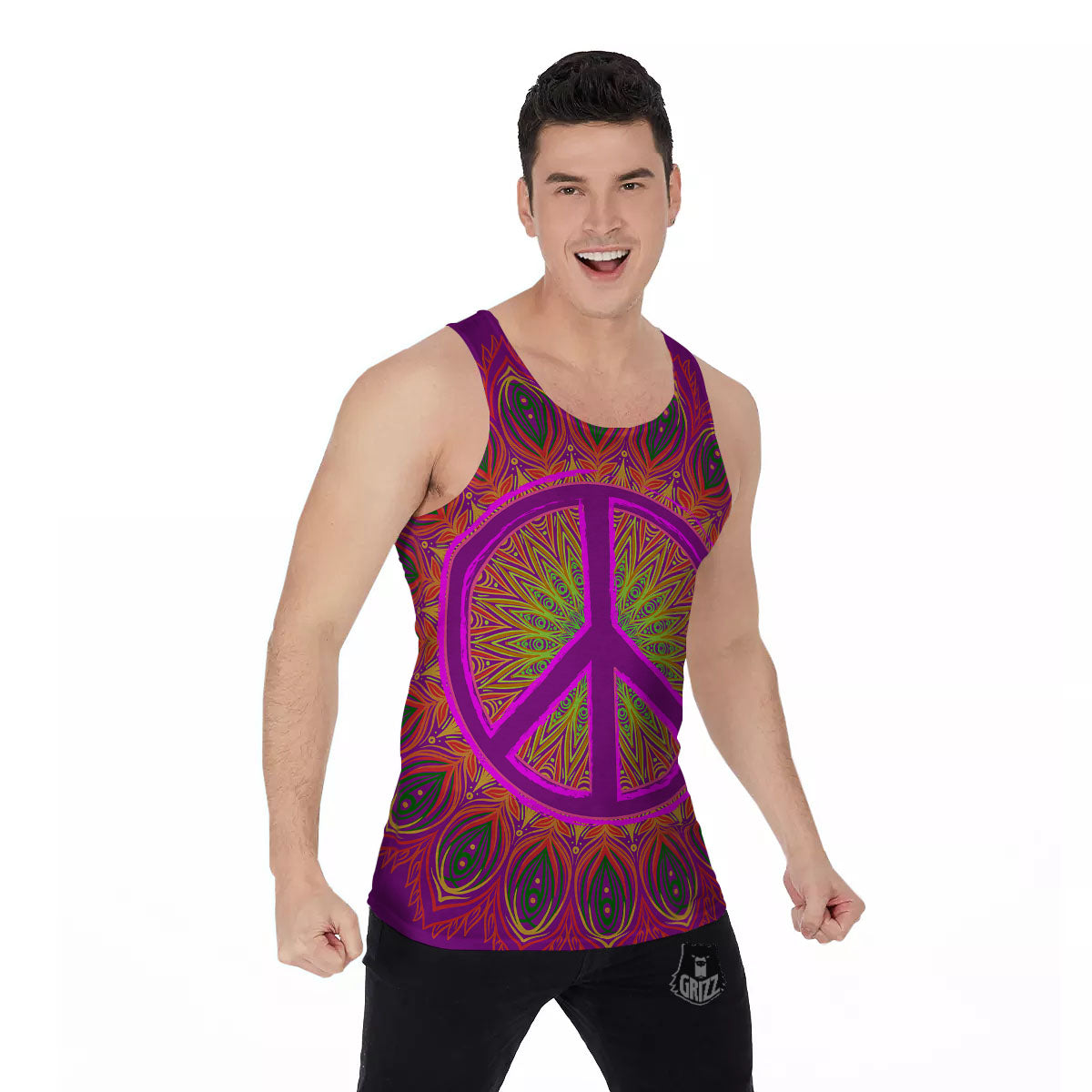 Peace Sign Psychedelic Hippie Print Men's Tank Top-grizzshop