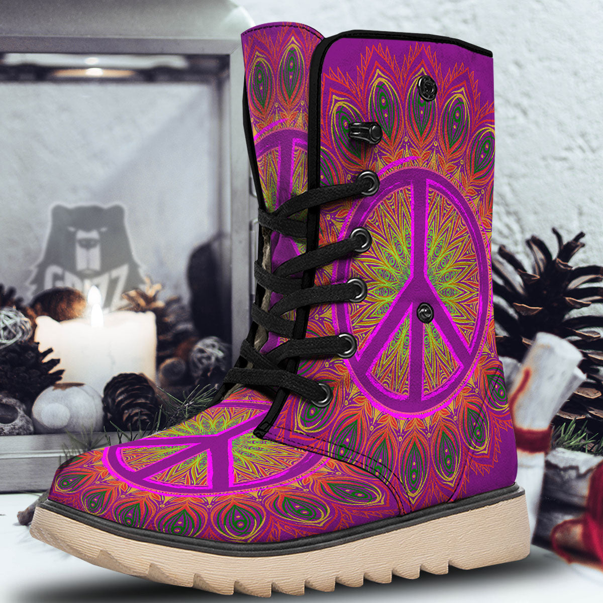 Peace Sign Psychedelic Hippie Print Snow Boots-grizzshop