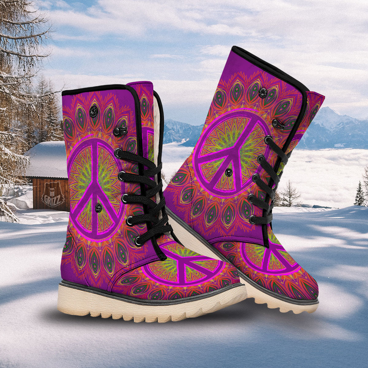 Peace Sign Psychedelic Hippie Print Snow Boots-grizzshop