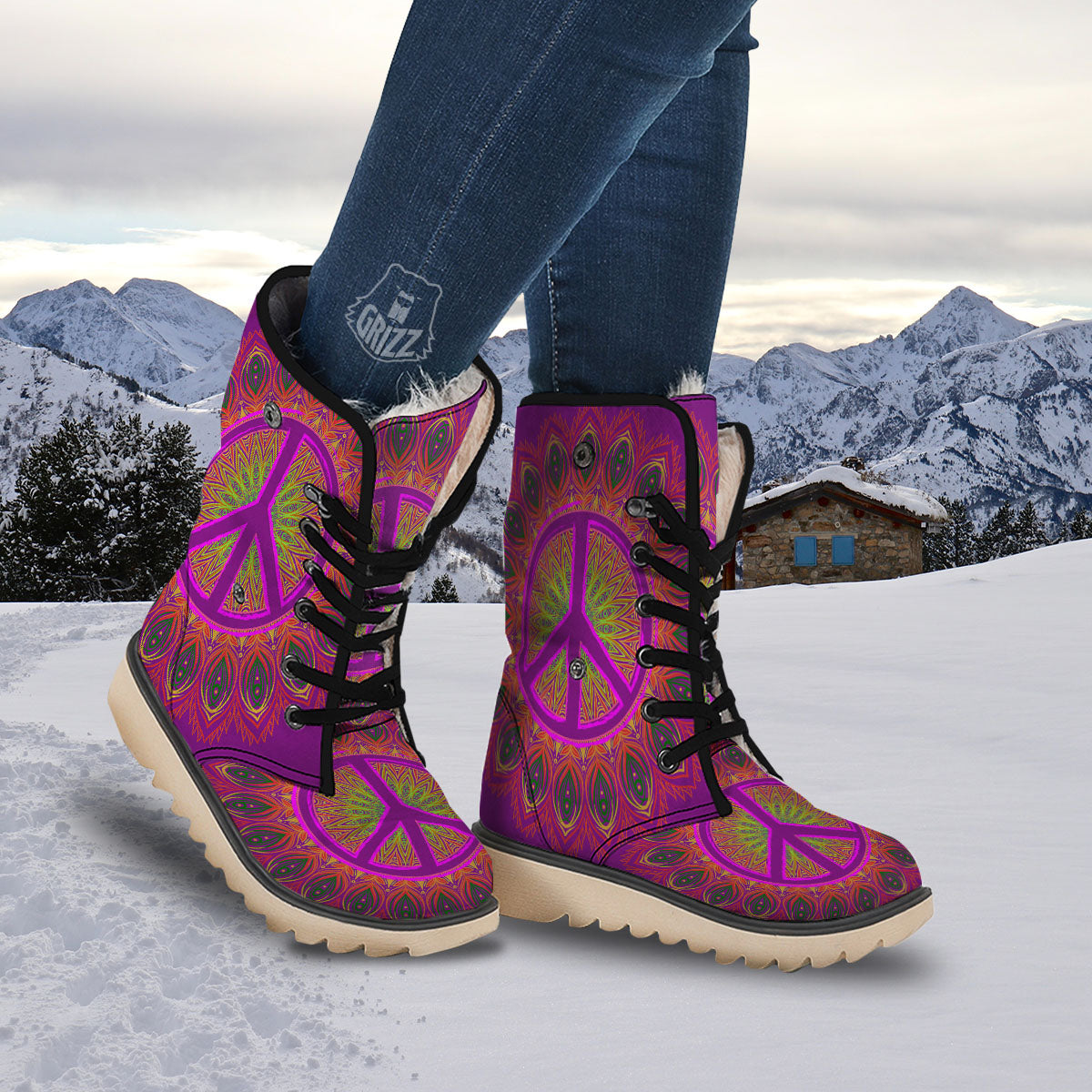 Peace Sign Psychedelic Hippie Print Snow Boots-grizzshop