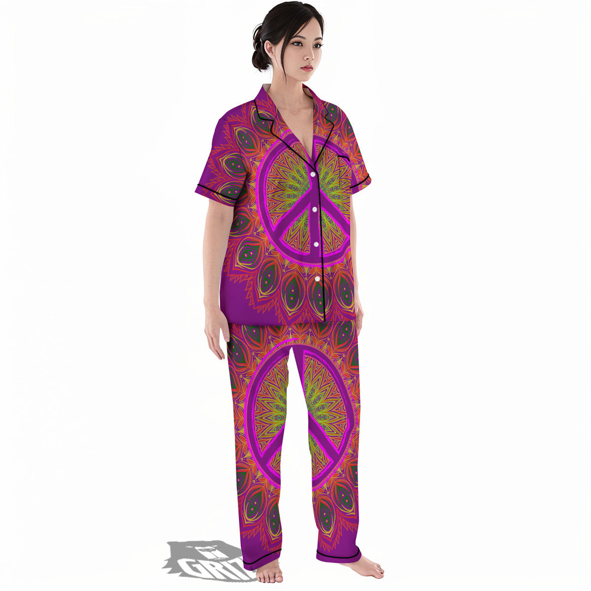 Peace Sign Psychedelic Hippie Print Women's Pajamas Set-grizzshop