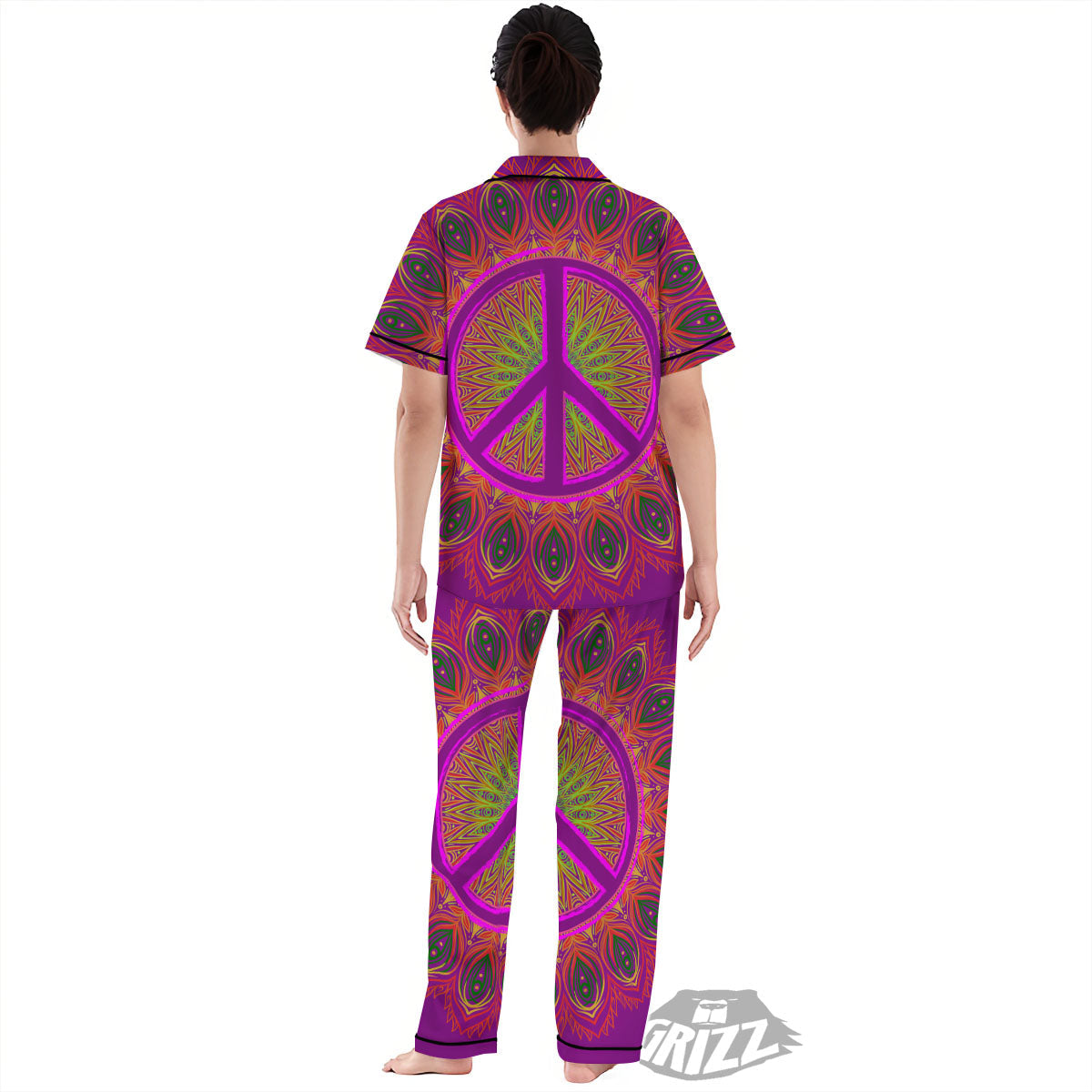 Peace Sign Psychedelic Hippie Print Women's Pajamas Set-grizzshop