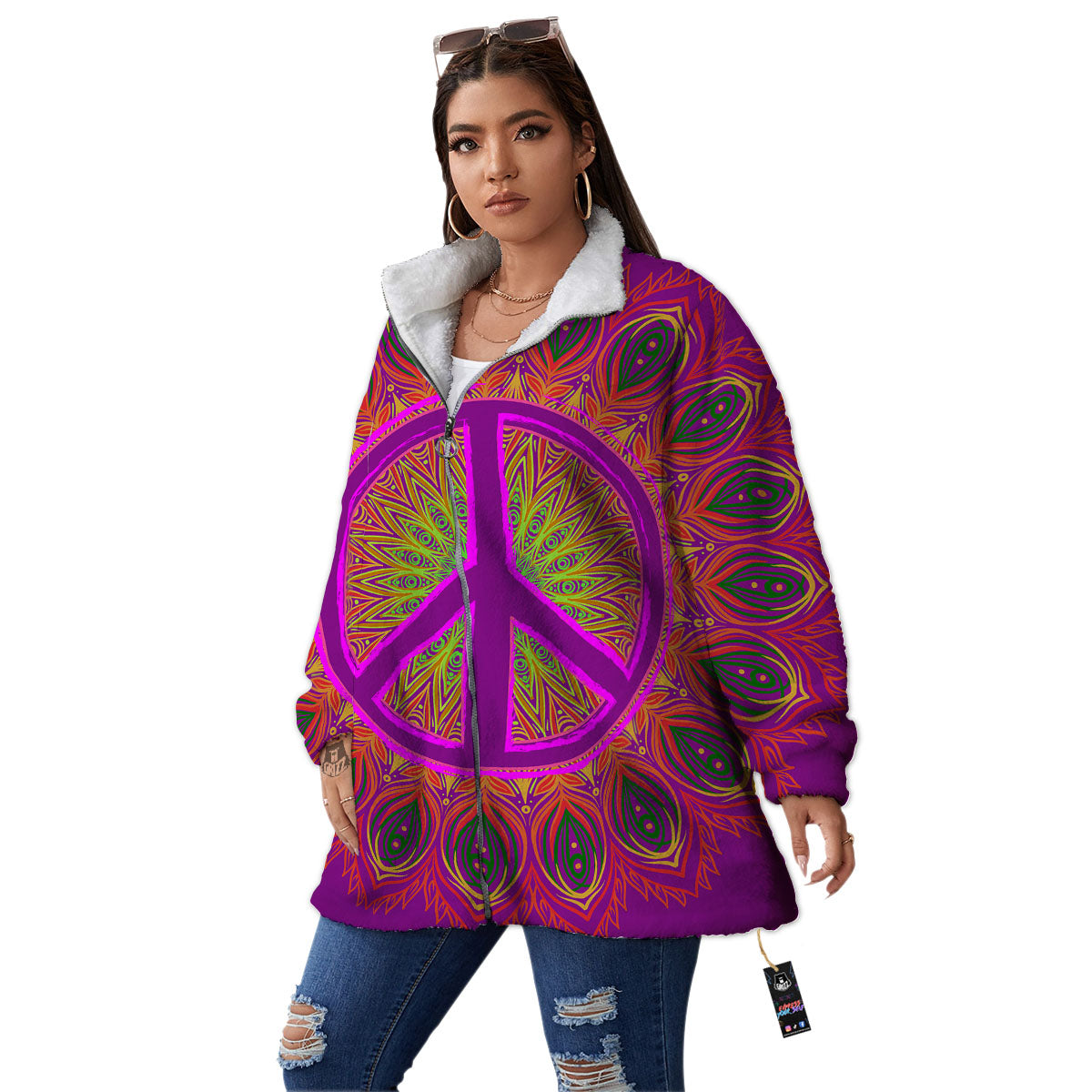 Peace Sign Psychedelic Hippie Print Women's Sherpa Jacket-grizzshop