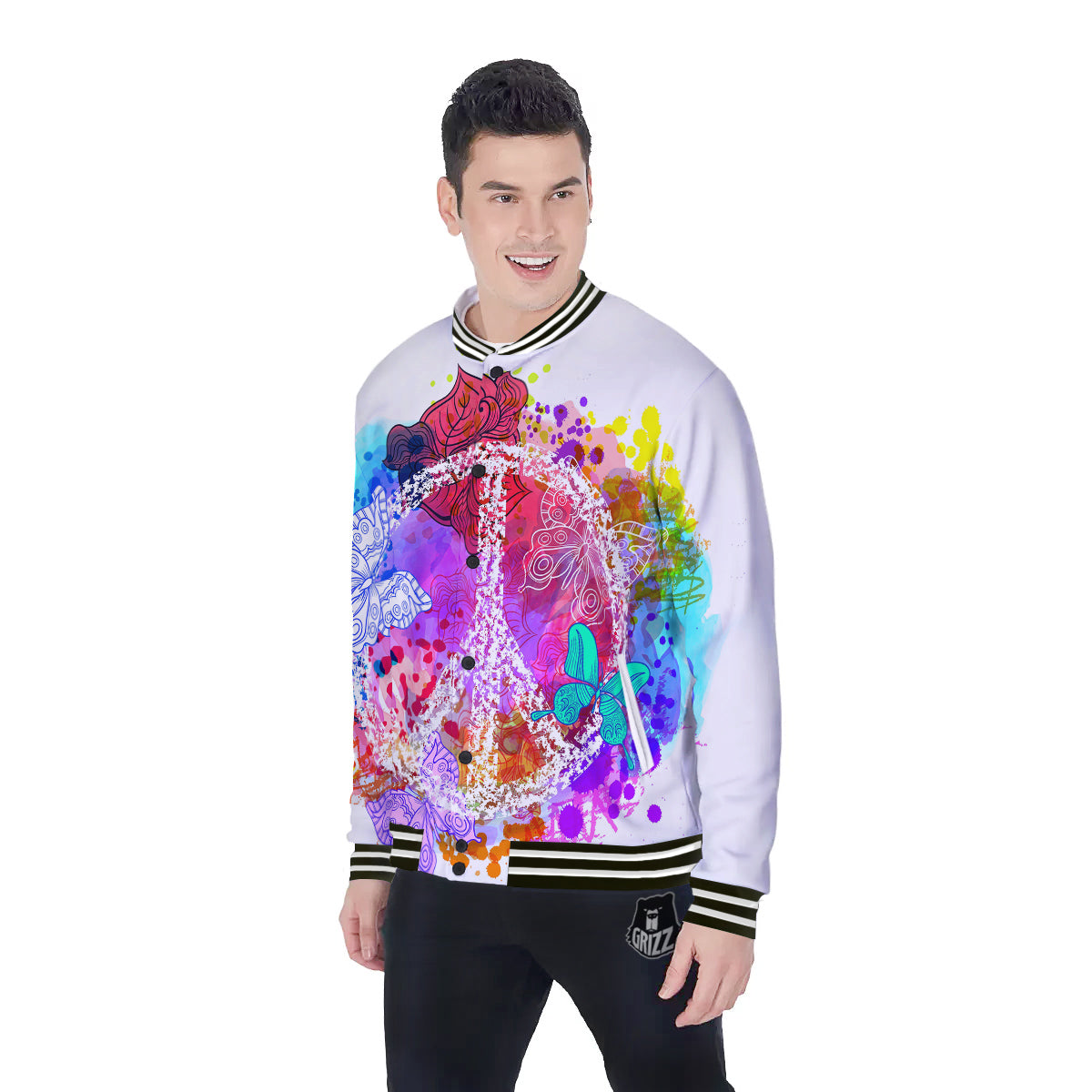 Peace Signs Colorful Hippie Print Baseball Jacket-grizzshop