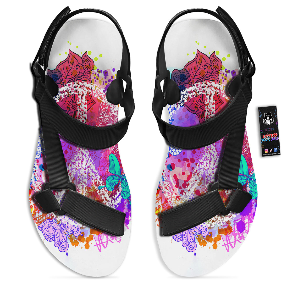Peace Signs Colorful Hippie Print Black Open Toe Sandals-grizzshop