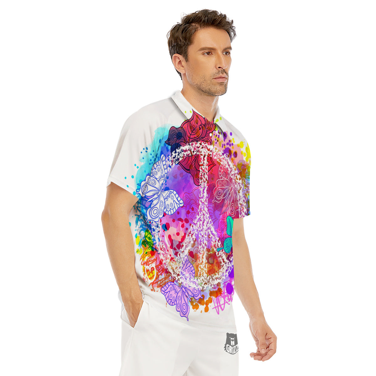 Peace Signs Colorful Hippie Print Men's Golf Shirts-grizzshop