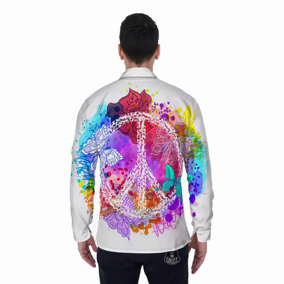Peace Signs Colorful Hippie Print Men's Long Sleeve Shirts-grizzshop