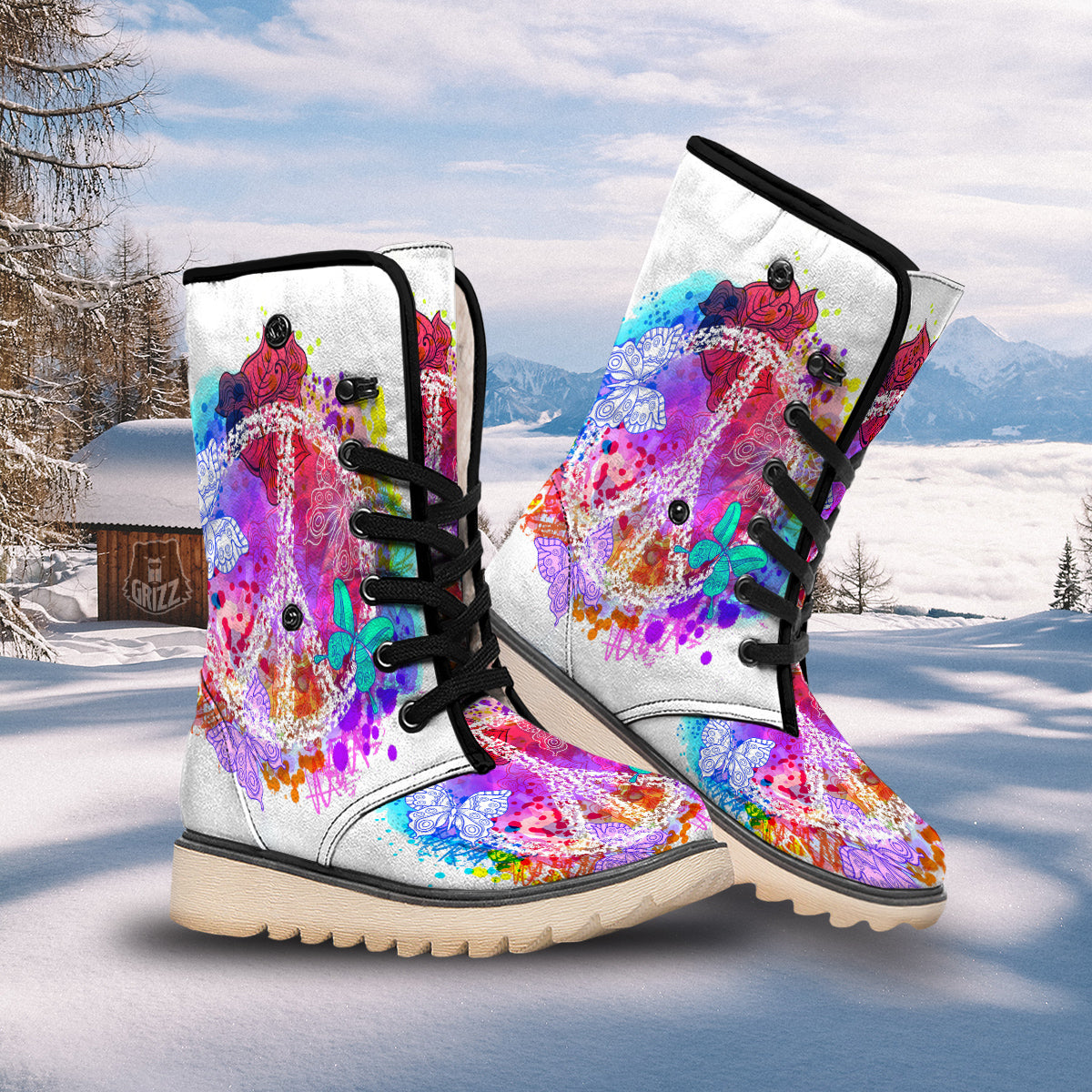 Peace Signs Colorful Hippie Print Snow Boots-grizzshop