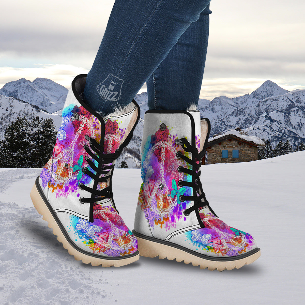 Peace Signs Colorful Hippie Print Snow Boots-grizzshop