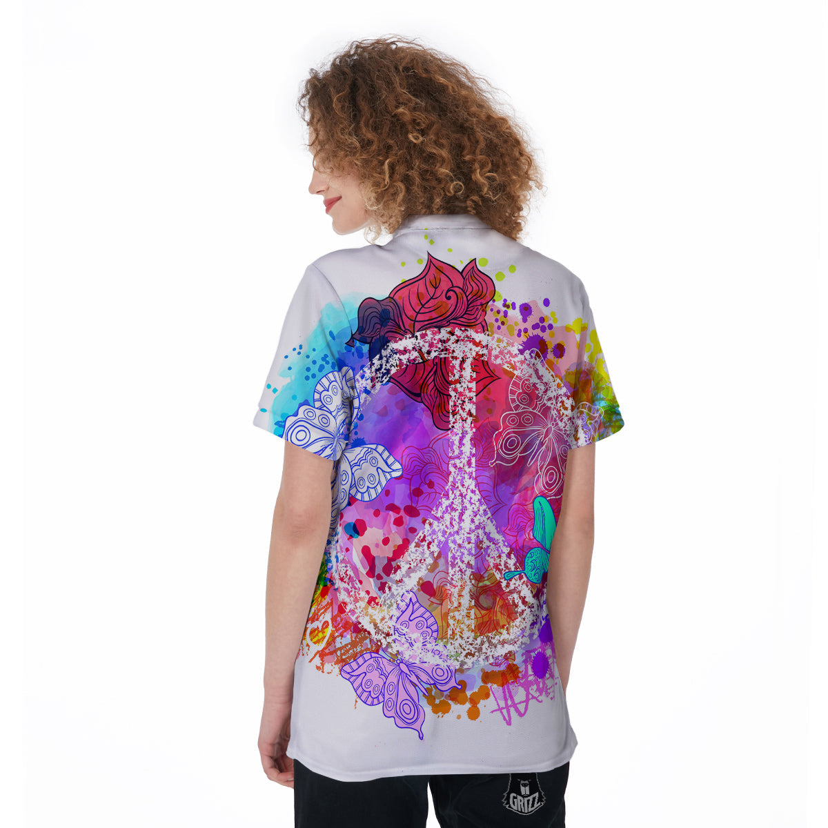 Peace Signs Colorful Hippie Print Women's Golf Shirts-grizzshop