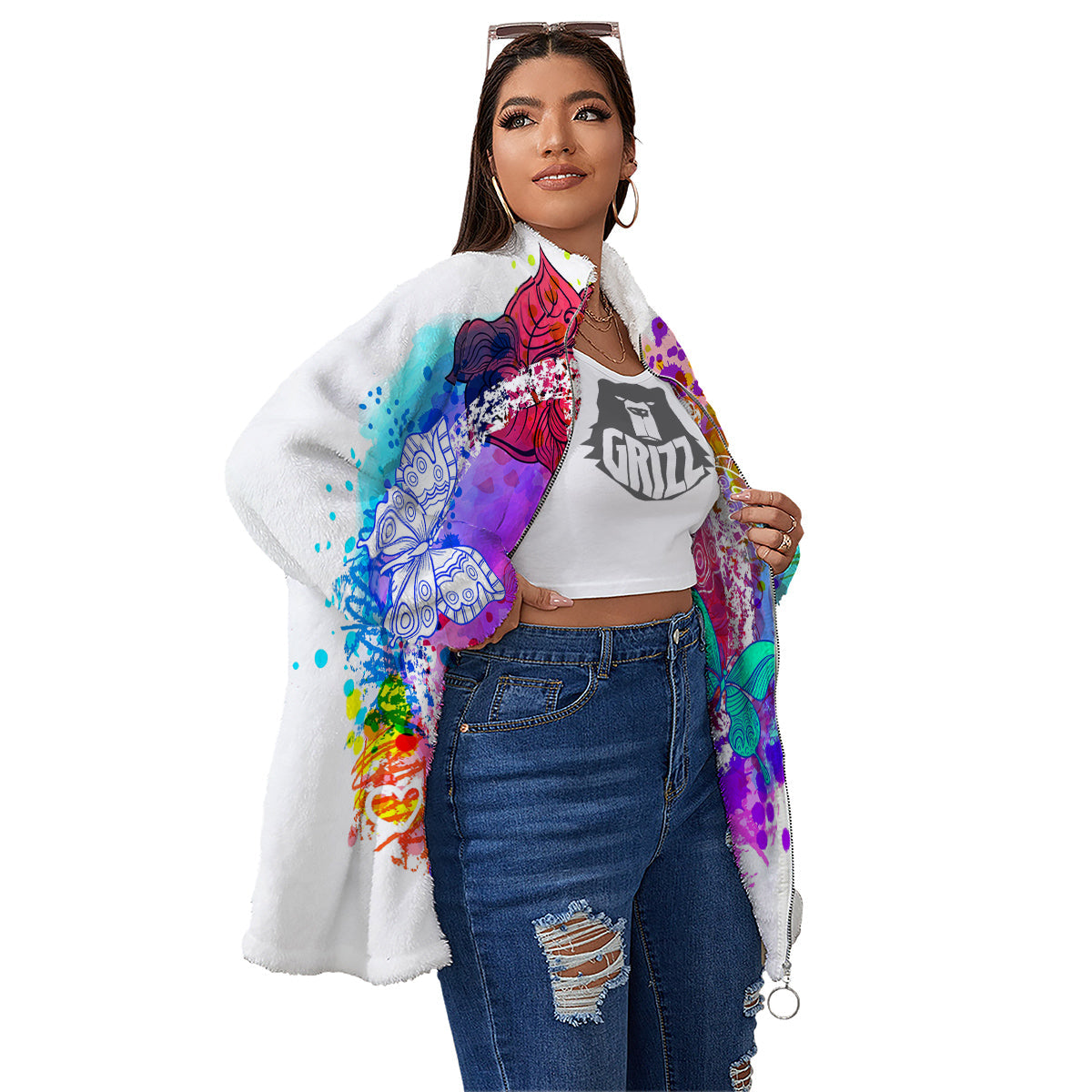 Peace Signs Colorful Hippie Print Women's Sherpa Jacket-grizzshop