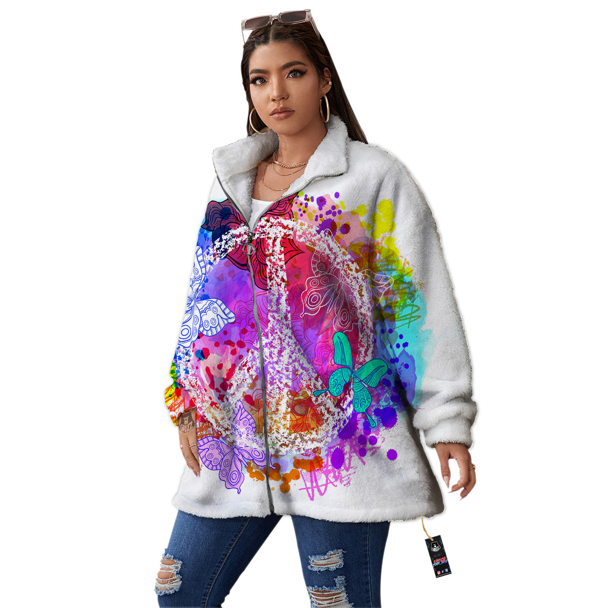 Peace Signs Colorful Hippie Print Women's Sherpa Jacket-grizzshop