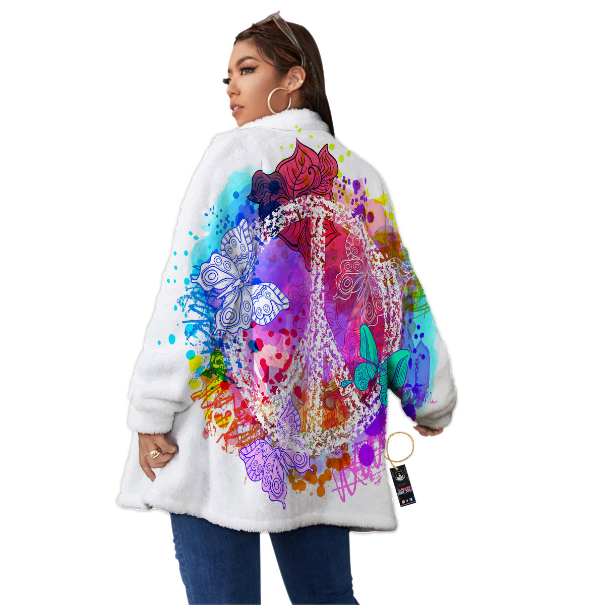 Peace Signs Colorful Hippie Print Women's Sherpa Jacket-grizzshop