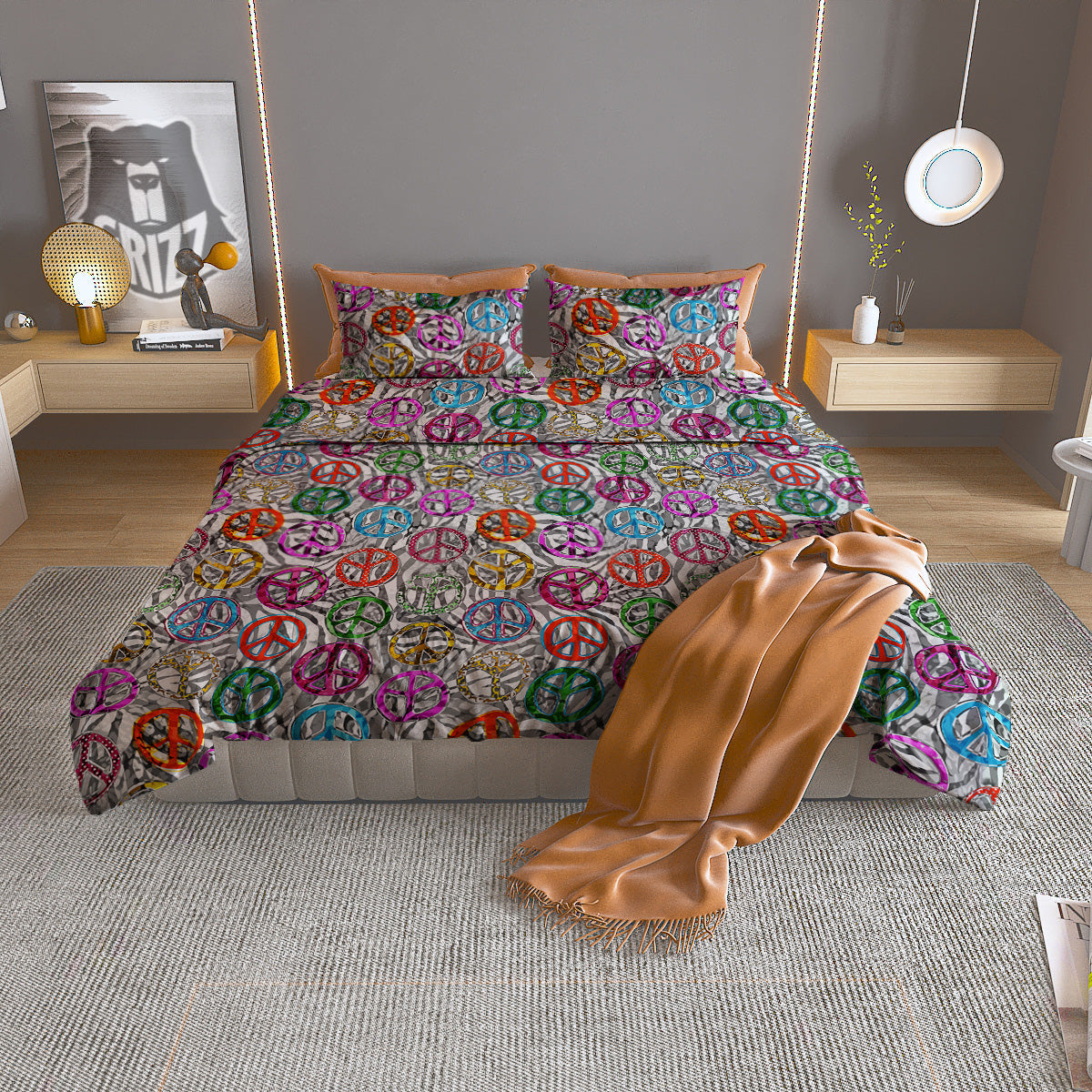 Peace Signs Zebra Print Pattern Duvet Cover Bedding Set