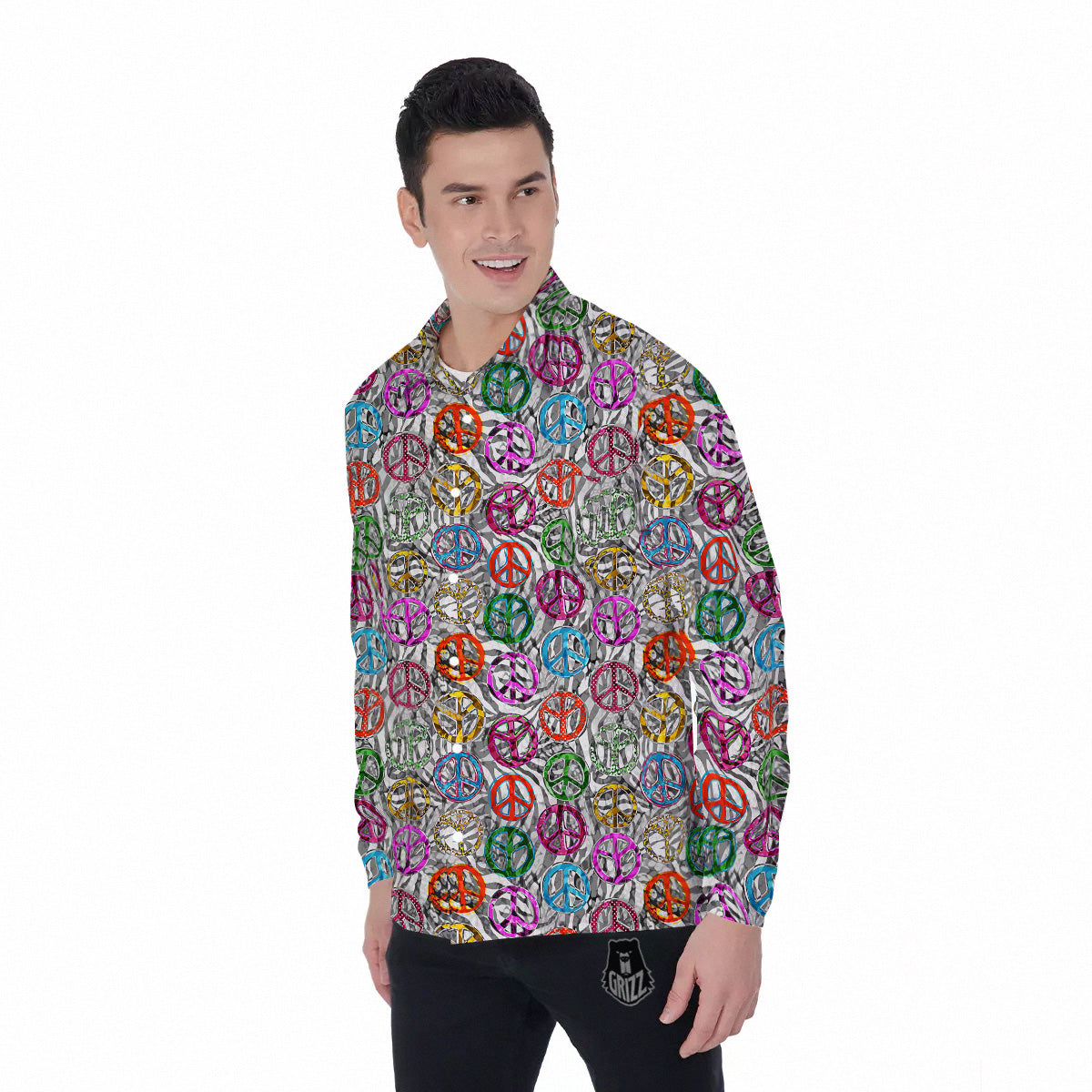 Peace Signs Zebra Print Pattern Men's Long Sleeve Shirts-grizzshop