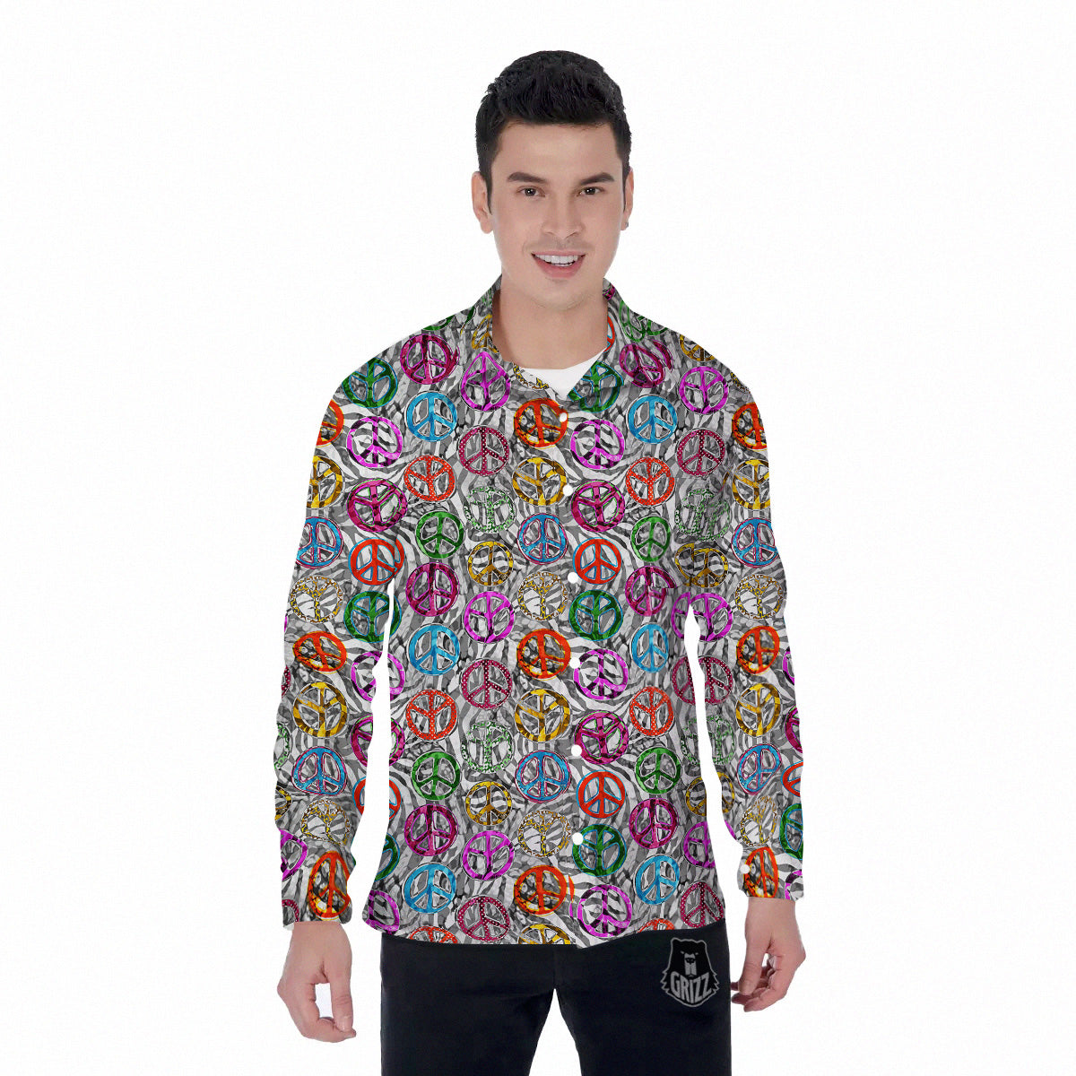 Peace Signs Zebra Print Pattern Men's Long Sleeve Shirts-grizzshop