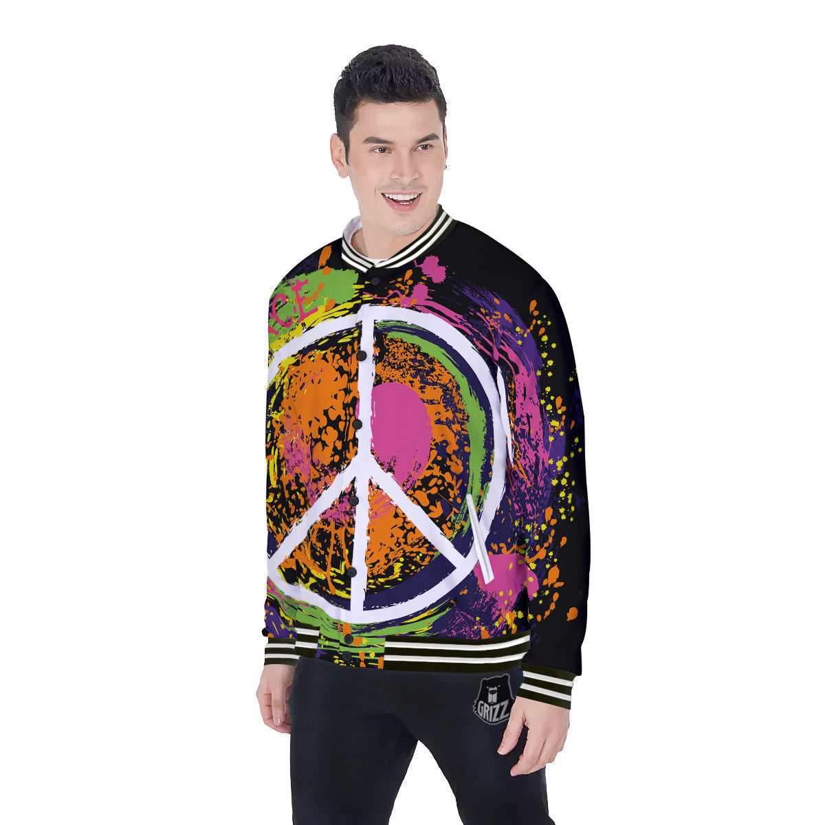 Peace Symbols Colorful Hippie Print Baseball Jacket-grizzshop