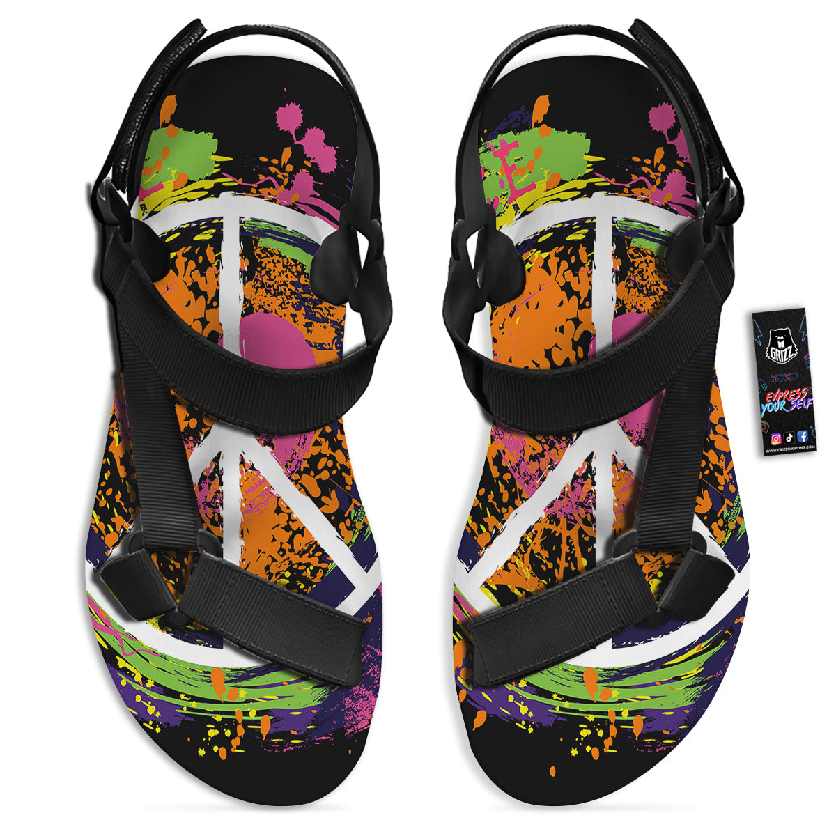 Peace Symbols Colorful Hippie Print Black Open Toe Sandals-grizzshop