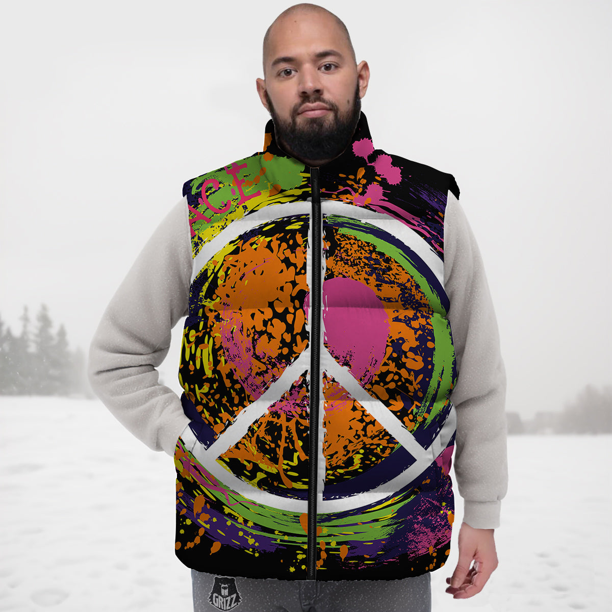 Peace Symbols Colorful Hippie Print Down Vest