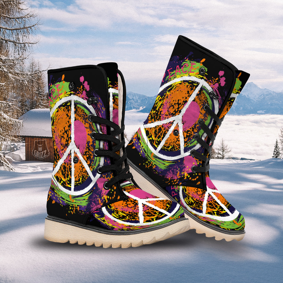 Peace Symbols Colorful Hippie Print Snow Boots-grizzshop