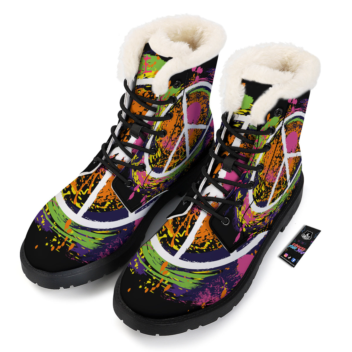 Peace Symbols Colorful Hippie Print Winter Boots-grizzshop