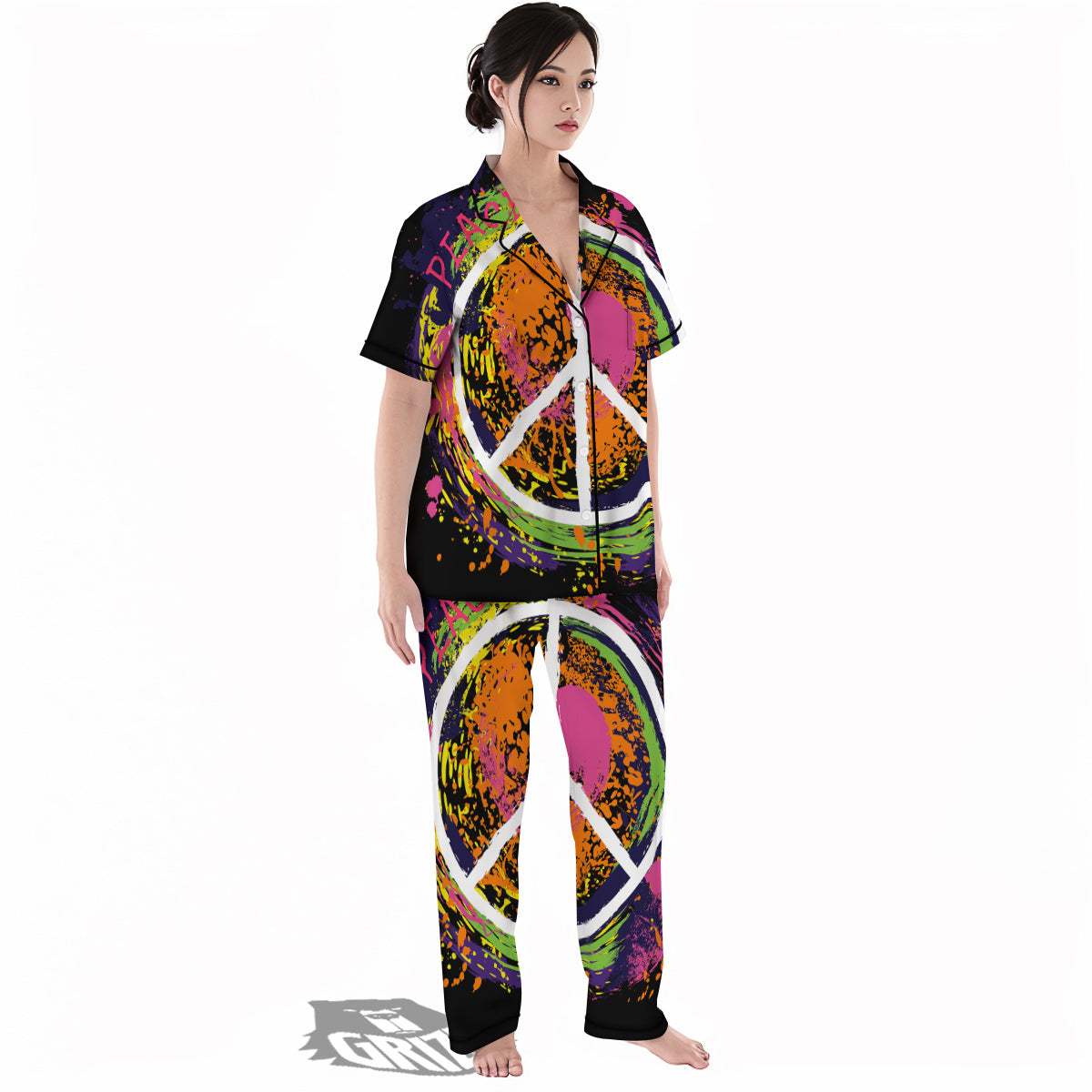 Peace Symbols Colorful Hippie Print Women's Pajamas Set-grizzshop