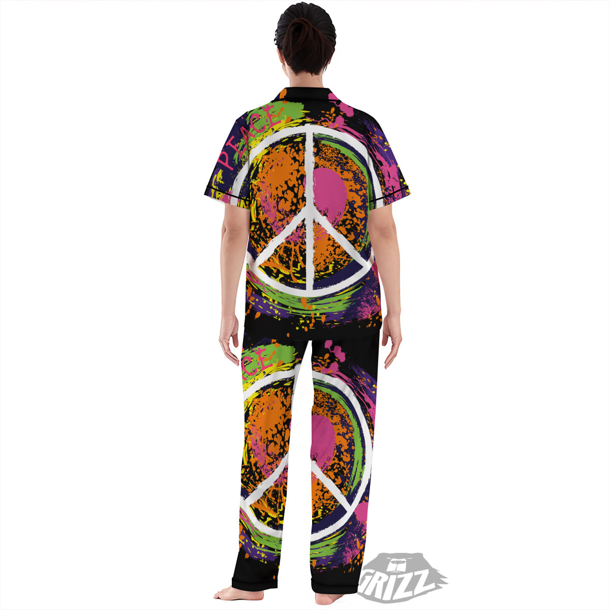 Peace Symbols Colorful Hippie Print Women's Pajamas Set-grizzshop