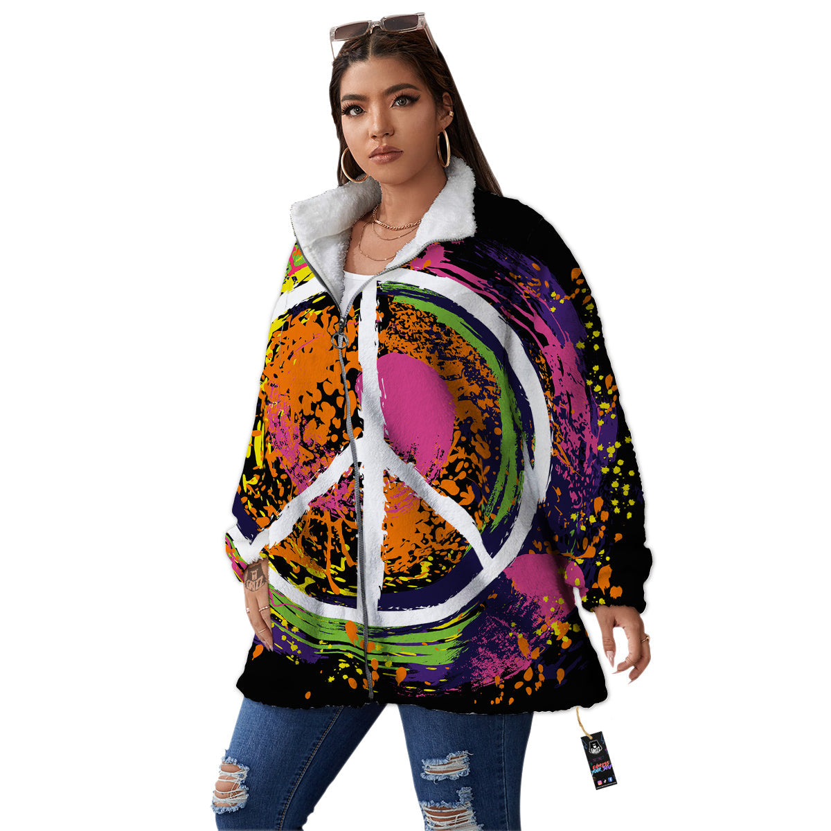 Peace Symbols Colorful Hippie Print Women's Sherpa Jacket-grizzshop