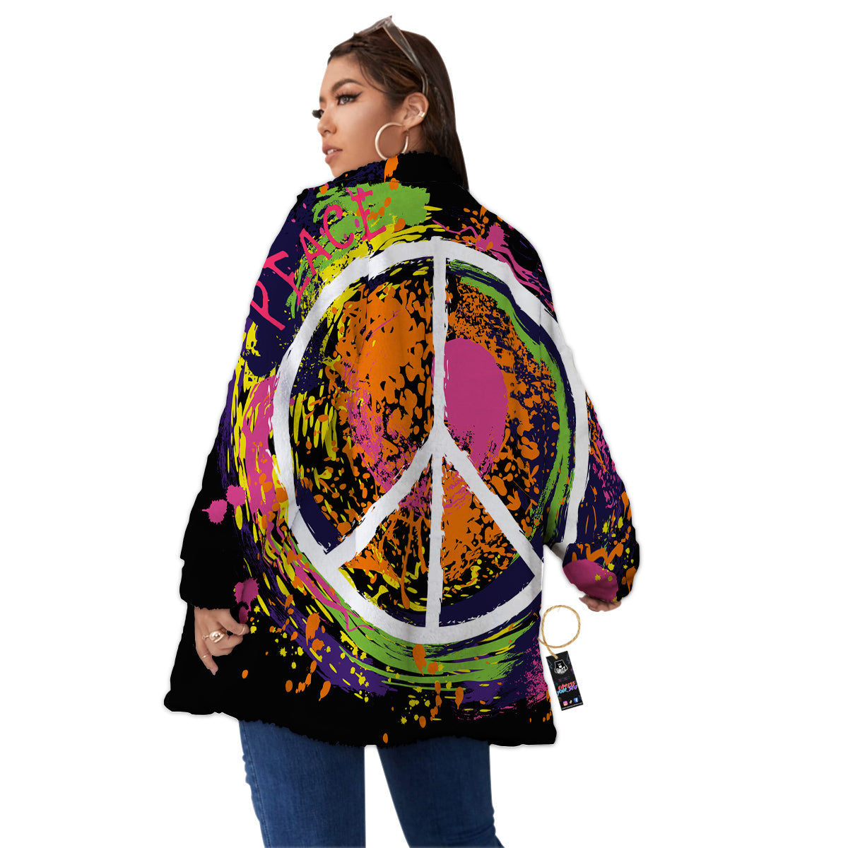 Peace Symbols Colorful Hippie Print Women's Sherpa Jacket-grizzshop