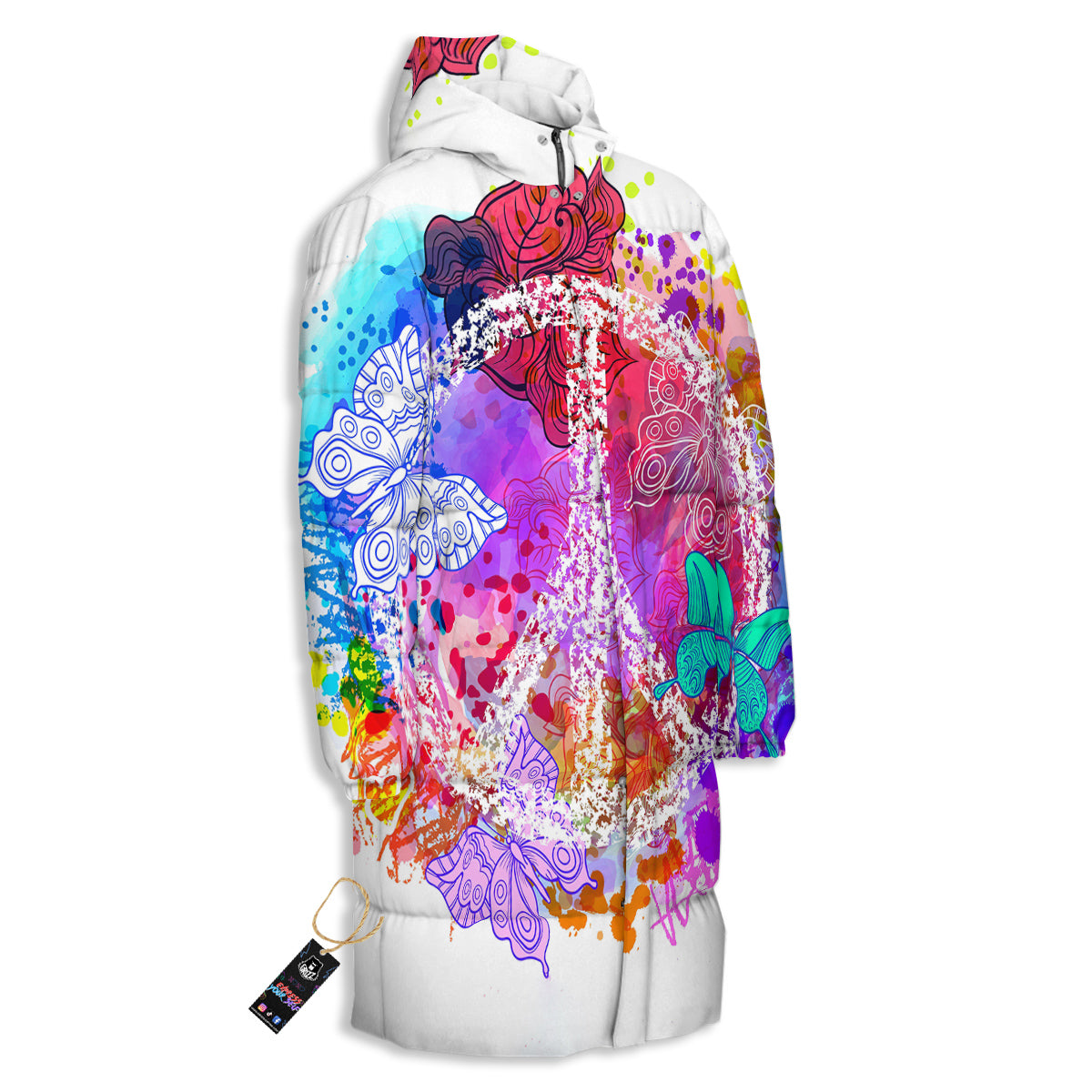 Peace Signs Colorful Hippie Print Long Down Jacket
