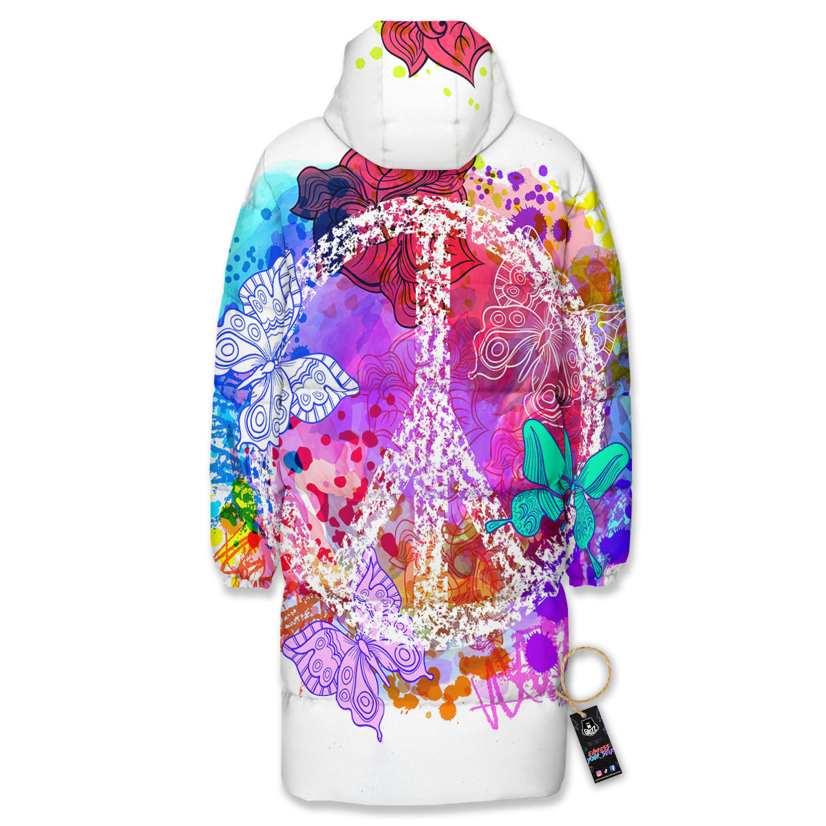 Peace Signs Colorful Hippie Print Long Down Jacket