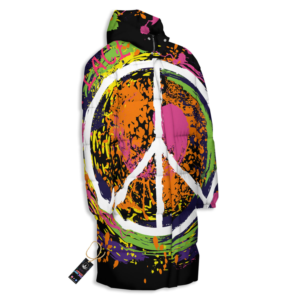Peace Symbols Colorful Hippie Print Long Down Jacket