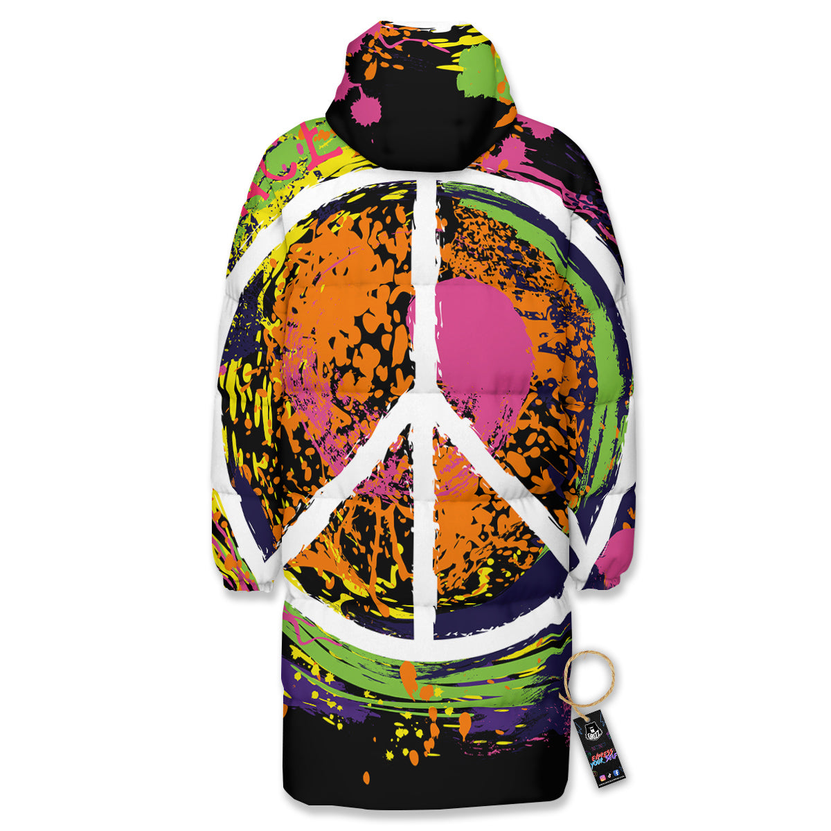 Peace Symbols Colorful Hippie Print Long Down Jacket