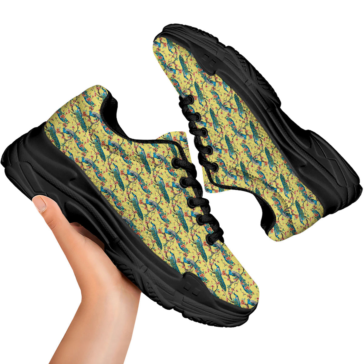 Peacock Cherry Blossom Print Black Chunky Shoes-grizzshop
