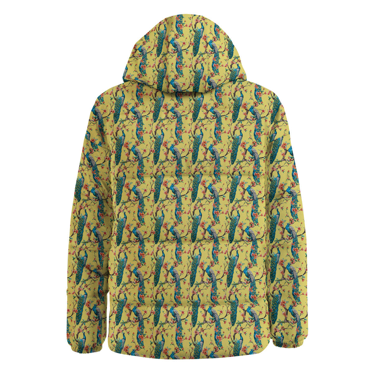 Peacock Cherry Blossom Print Down Jacket-grizzshop