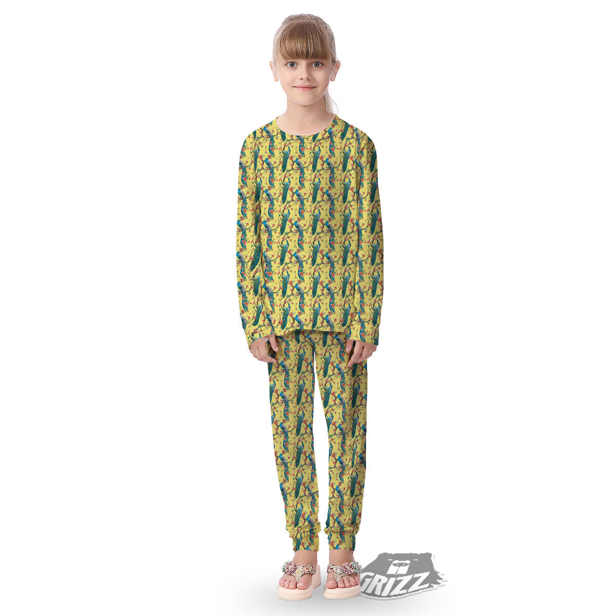 Peacock Cherry Blossom Print Kid's Pajamas-grizzshop