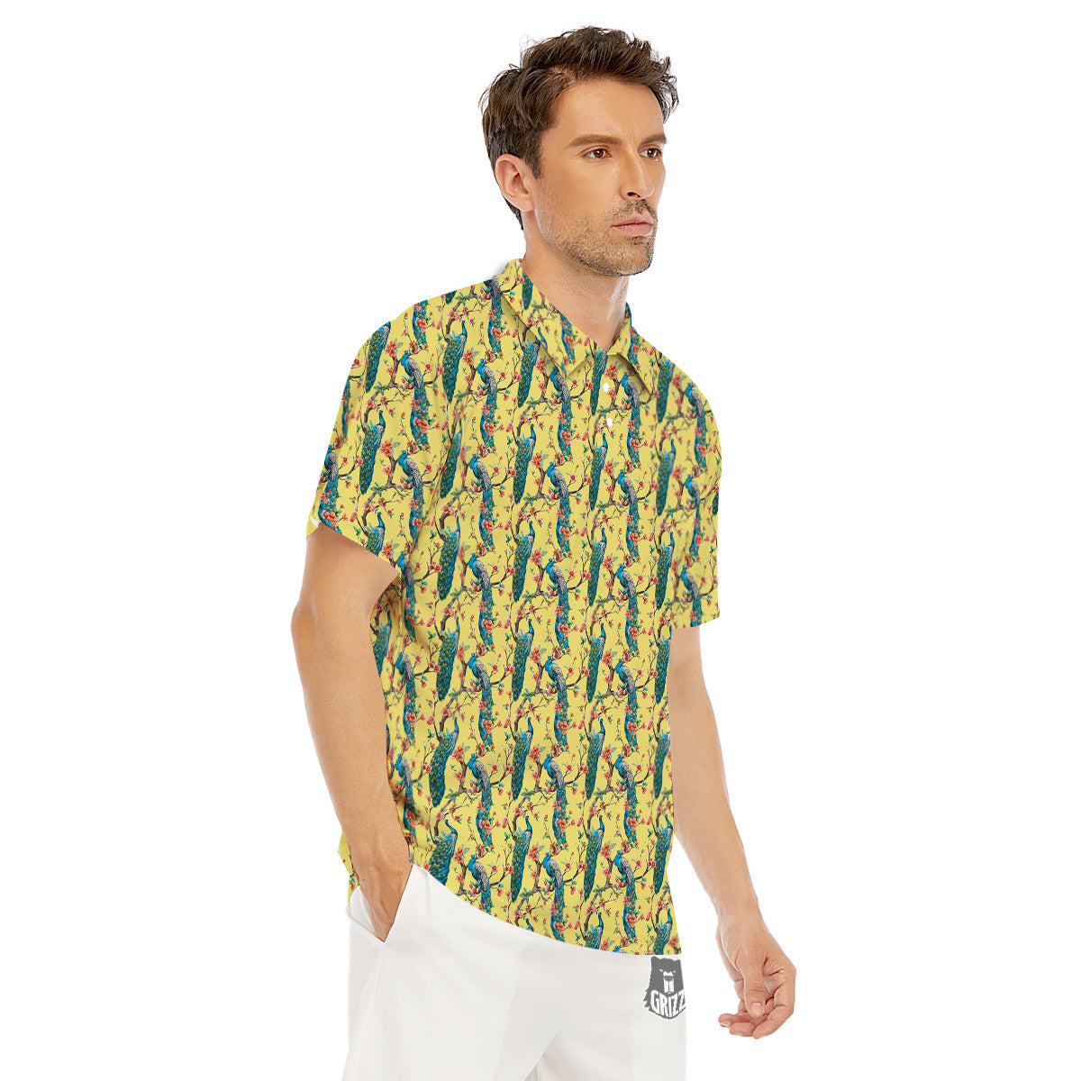 Peacock Cherry Blossom Print Men's Golf Shirts-grizzshop