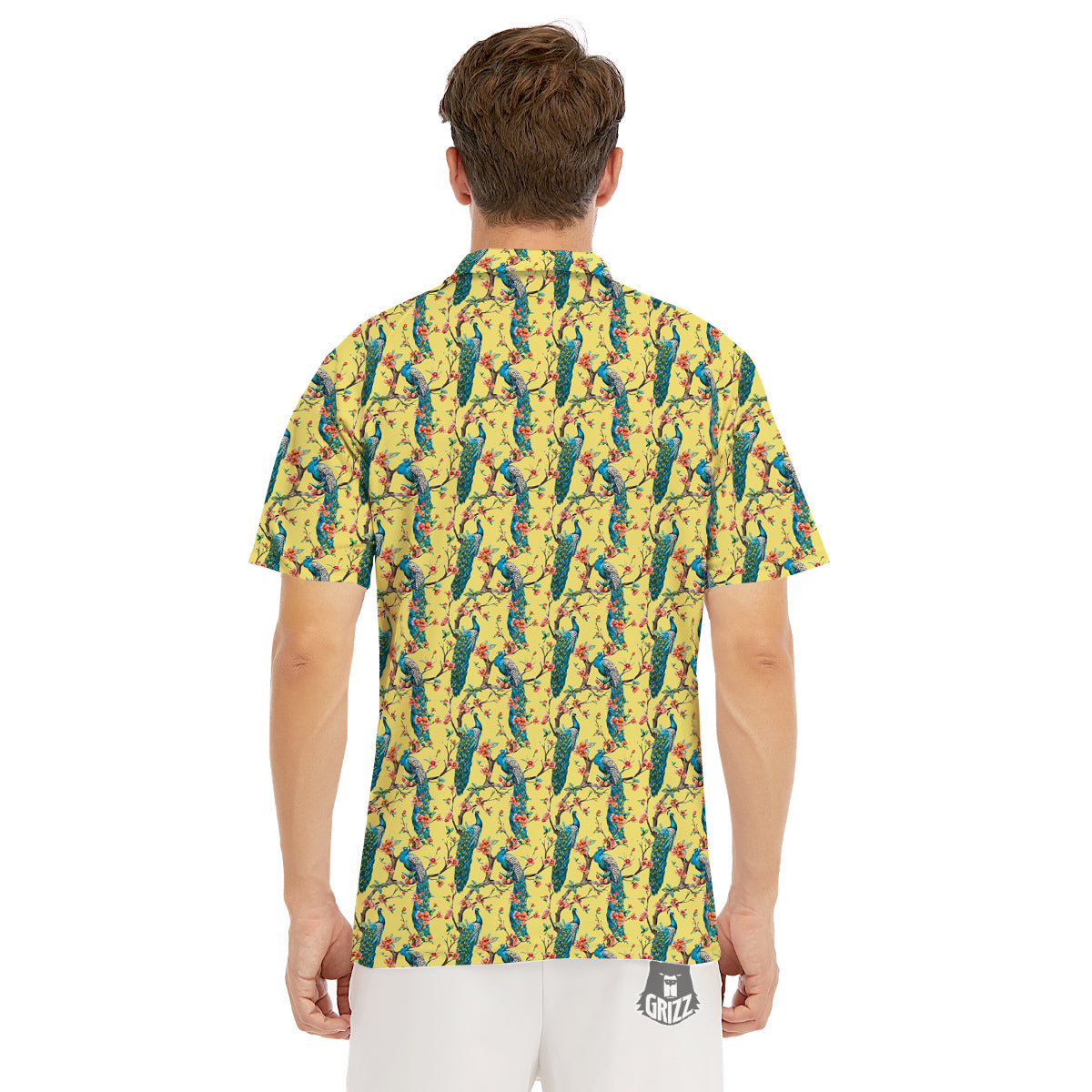 Peacock Cherry Blossom Print Men's Golf Shirts-grizzshop