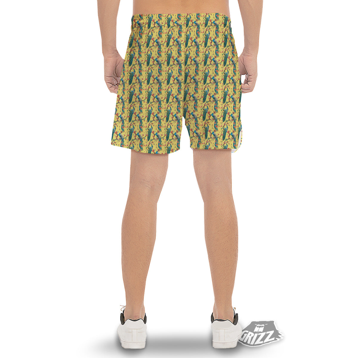 Peacock Cherry Blossom Print Men's Gym Shorts-grizzshop