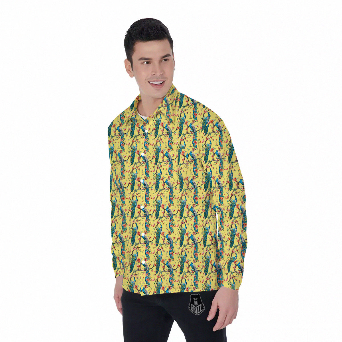 Peacock Cherry Blossom Print Men's Long Sleeve Shirts-grizzshop