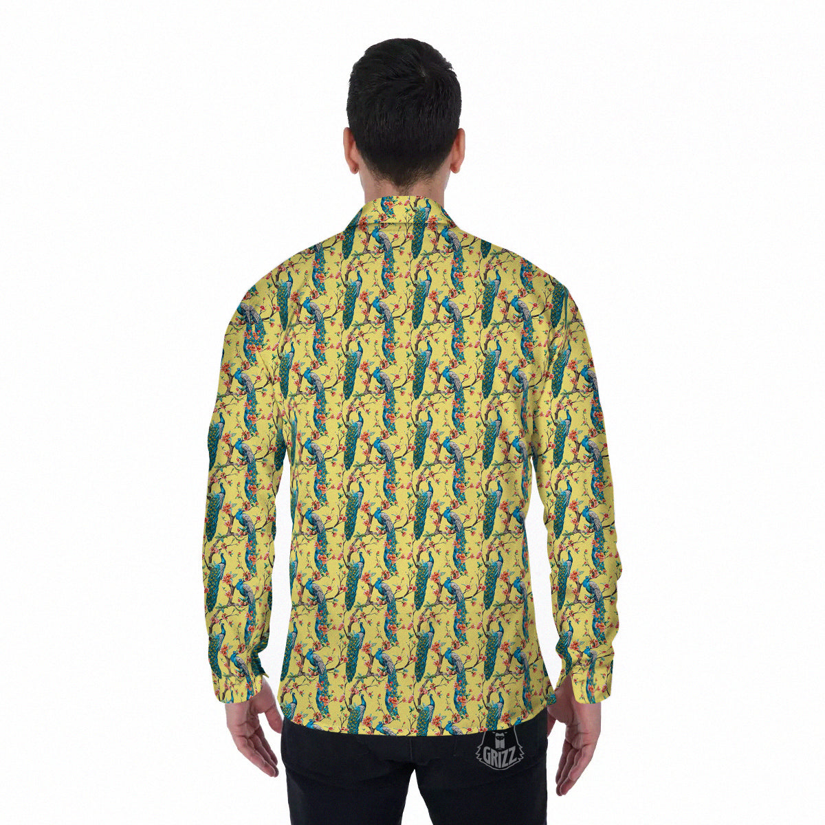 Peacock Cherry Blossom Print Men's Long Sleeve Shirts-grizzshop
