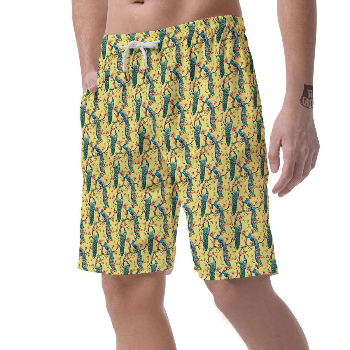 Peacock Cherry Blossom Print Men's Shorts-grizzshop
