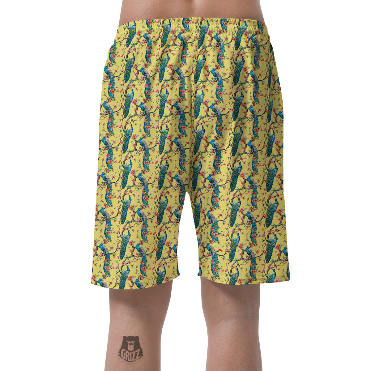 Peacock Cherry Blossom Print Men's Shorts-grizzshop
