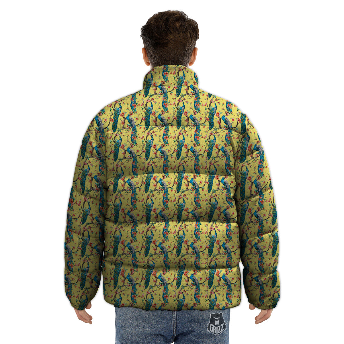 Peacock Cherry Blossom Print Puffer Jacket-grizzshop