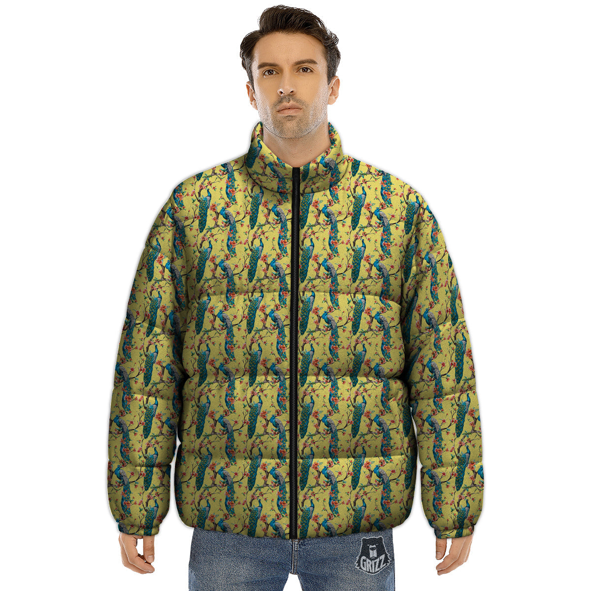 Peacock Cherry Blossom Print Puffer Jacket-grizzshop